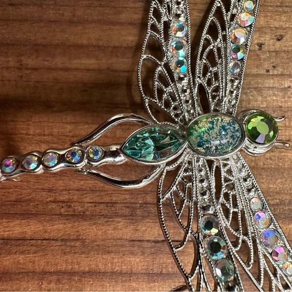 Silver Dragonfly Brooch with Green and Blue Accents - Picture 1 of 3